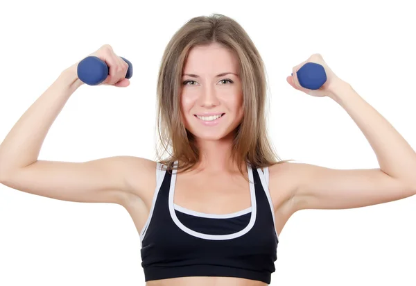 The girl does exercises with dumbbells isolated — Stock Photo, Image