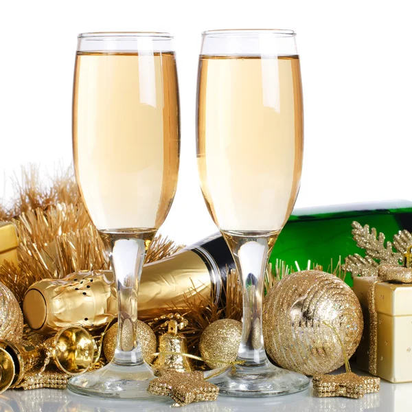 Champagne with Christmas ornaments — Stock Photo, Image