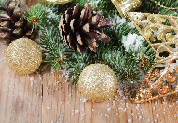 A karácsonyi dekorációs határ fából készült háttér — Stock Fotó