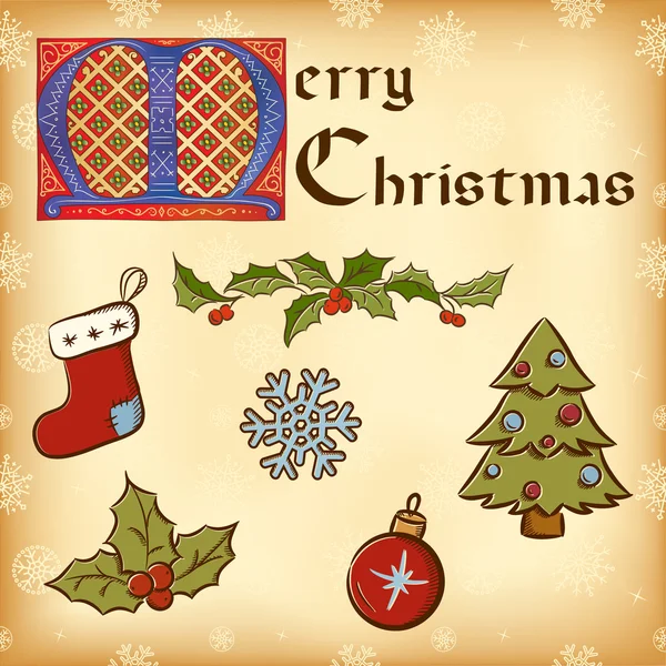 Elementi di Natale vintage (Capodanno). Lettere gotiche — Vettoriale Stock