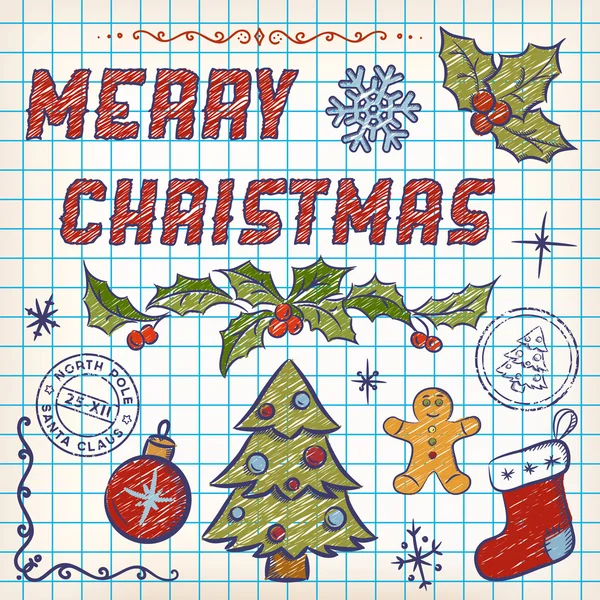 Handgezeichnete Weihnachtskritzeleien. Schriftzug Frohe Weihnachten. Vektor — Stockvektor
