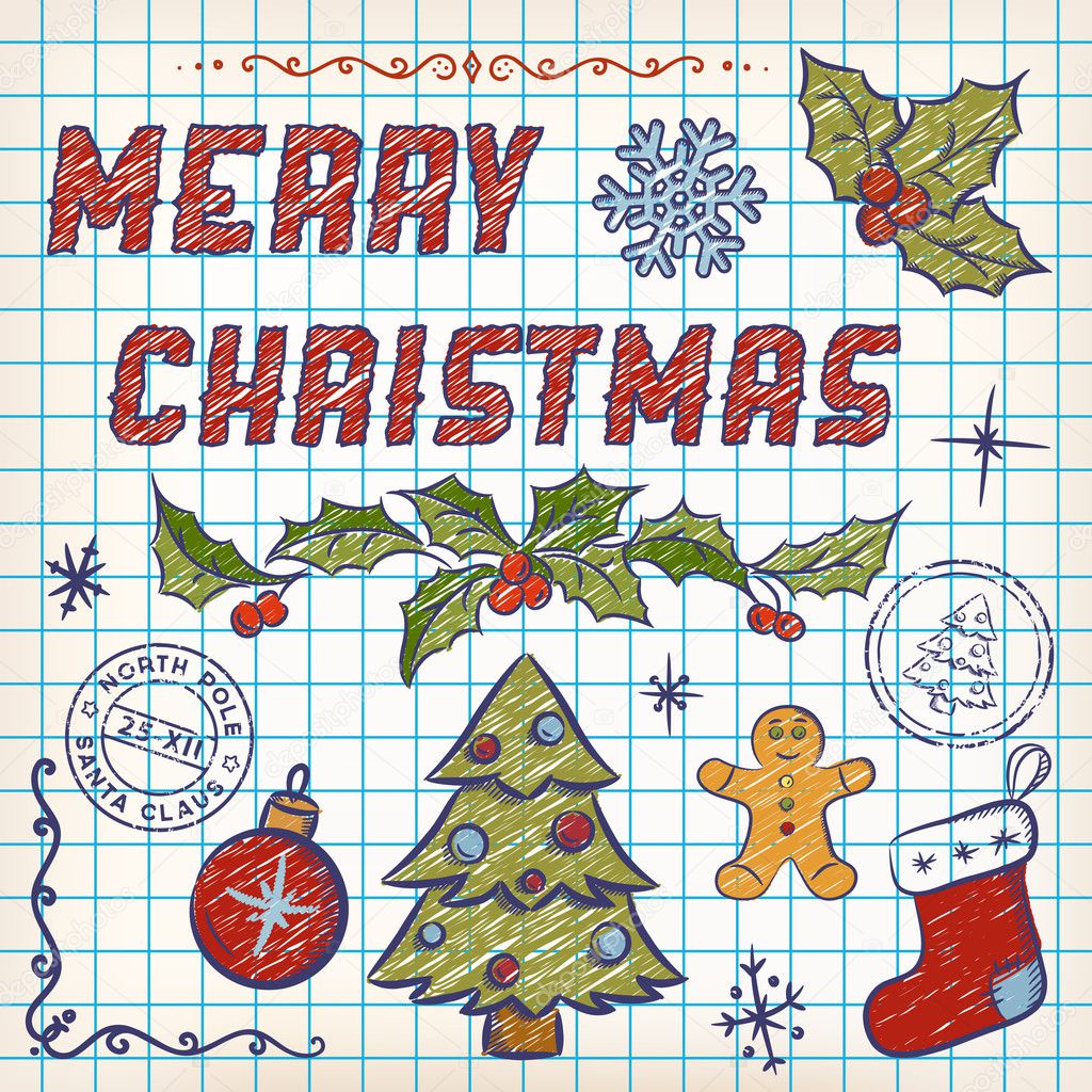 Hand-Drawn Christmas Doodles. Lettering Merry Christmas. Vector
