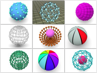 9 üç boyutlu küre kolaj. simgeler.
