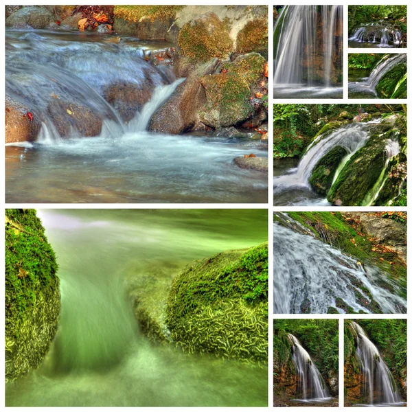 stock image Collage of waterfalls from nine photos