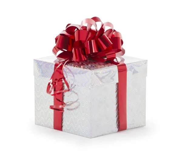 Single silver gift box with red ribbon on white background. — Stock Photo, Image