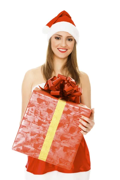 Santa flicka med en present, isolerad på vit bakgrund — Stockfoto