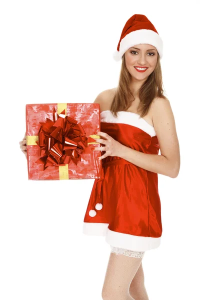 Santa meisje met een cadeau — Stockfoto