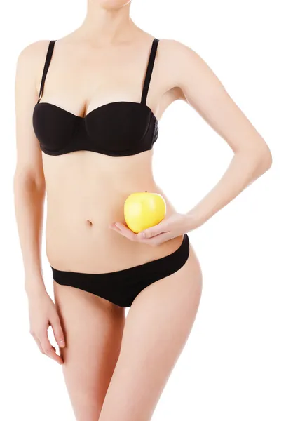 Λεπτό γυναικείο σώμα και μήλο, που απομονώνονται σε λευκό φόντο — Φωτογραφία Αρχείου
