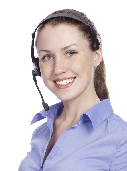 Uśmiechający się wesoły wsparcie telefonu operatora — Zdjęcie stockowe