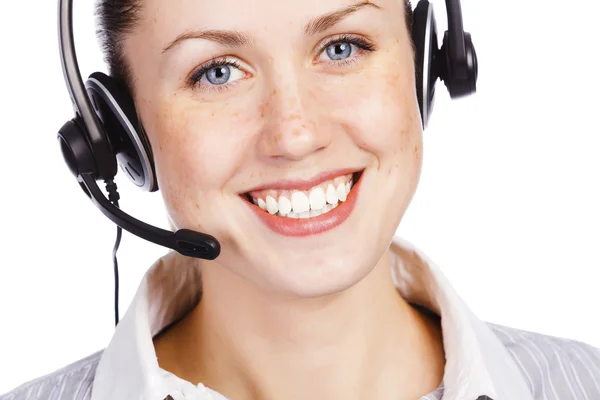 Lachende vrolijke ondersteuning telefoon operator — Stockfoto