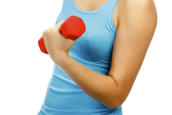 Woman with dumb-bells in hands — Stock Photo, Image