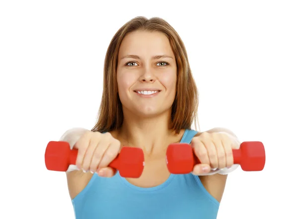 Girl with barbells — Stock Photo, Image