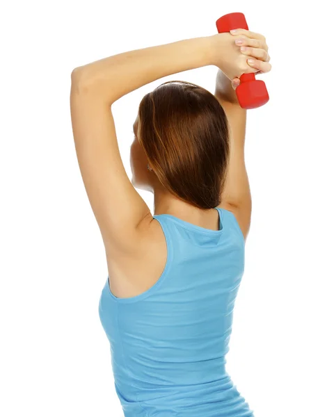 Kvinna med tyngdlyftningsvikter i händer — Stockfoto