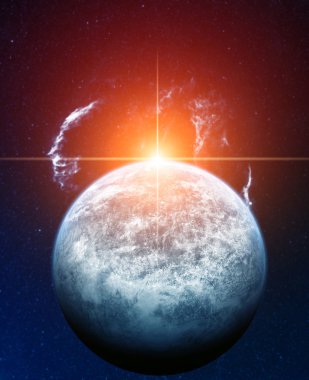 Mavi gezegene renkli arka plan üzerinde kırmızı güneş ve veil Bulutsusu