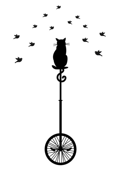 Kočka na jednokolce s ptáky, vektorové — Stockový vektor