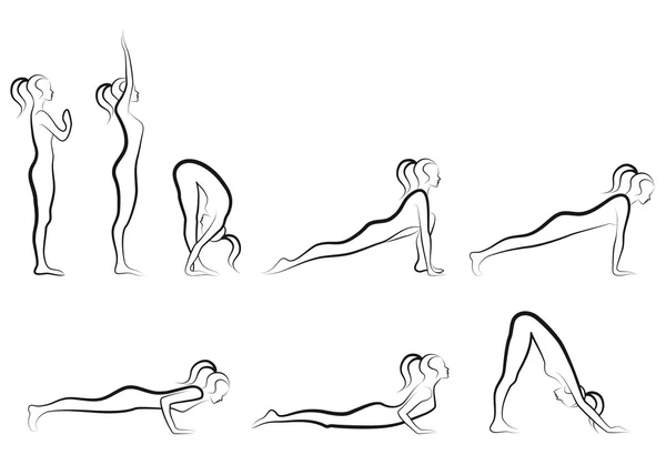 Yoga sol saludo conjunto, vector — Vector de stock