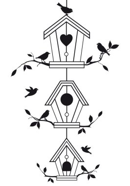 Birdhouses with tree branches, vector clipart