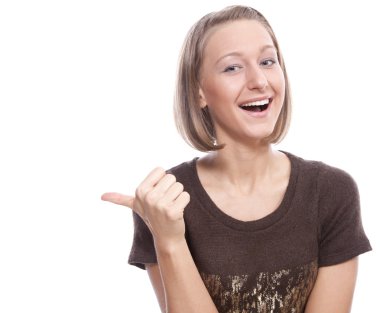 Closeup portrait of beautiful young woman pointing her finger clipart