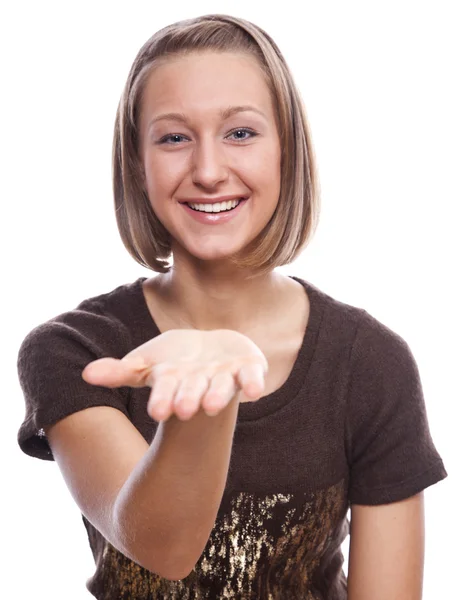 Portrait of a young girl with an open palm viewer — Stock Photo, Image