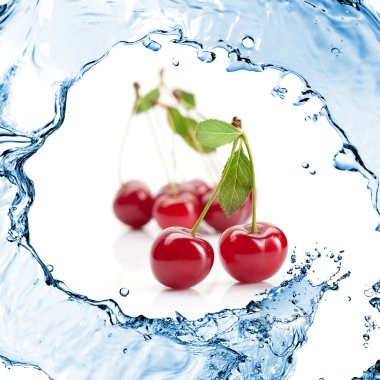 Red cherry with leaves and water splash isolated on white clipart