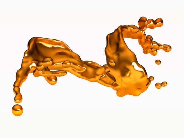 Splash of golden fluid with drops over white — Stock Photo, Image
