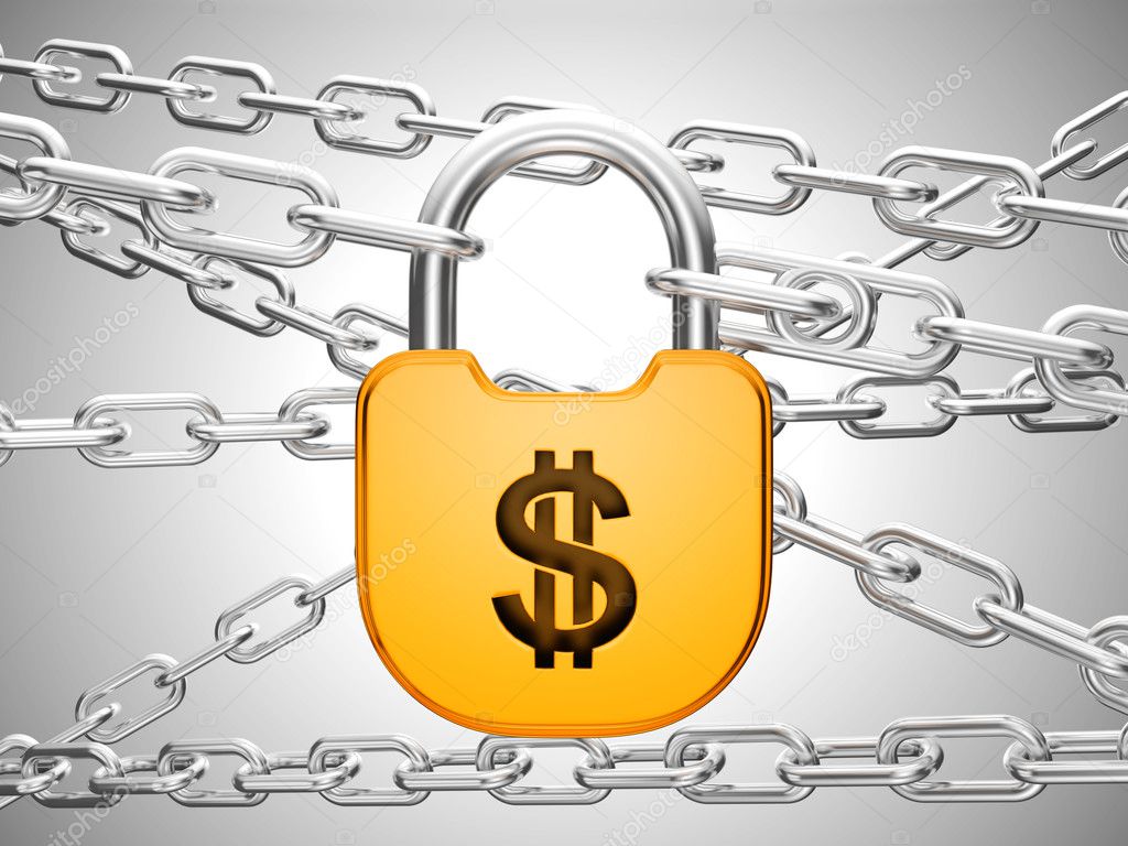 Dollar safety concept: padlock and chains