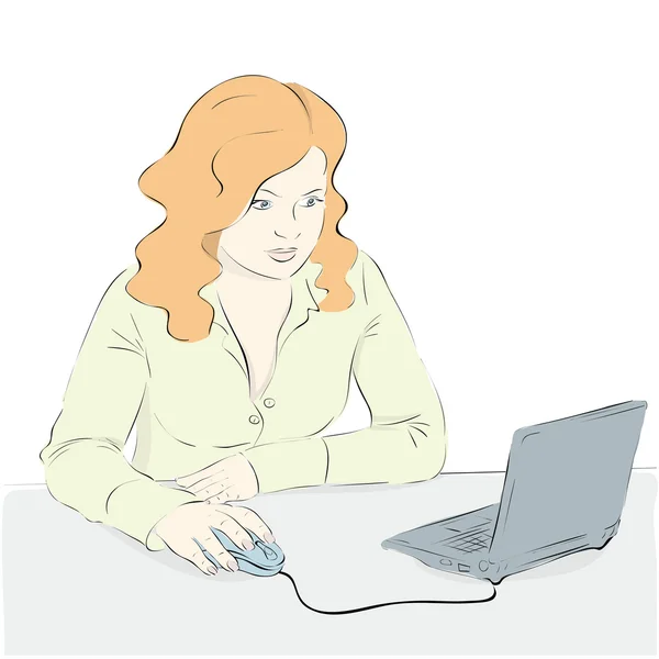 Young woman uses a laptop — Stock Vector