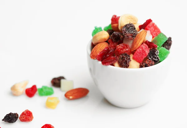 Mix dried fruits and nuts in cup — Stock Photo, Image