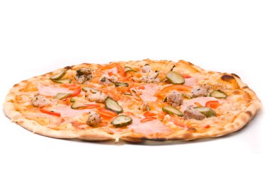 pizza sosu, peynir, marine edilmiş domuz eti, jambon, biber, turşusu