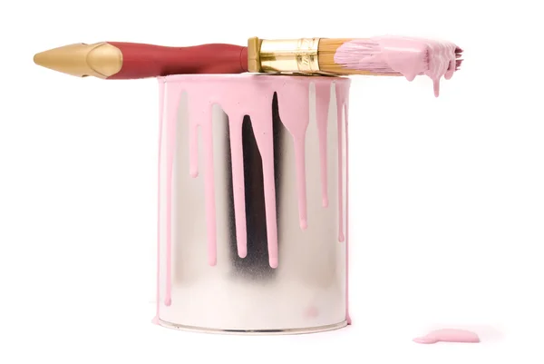 Can of pink paint and professional brush on a white — Stock Photo, Image