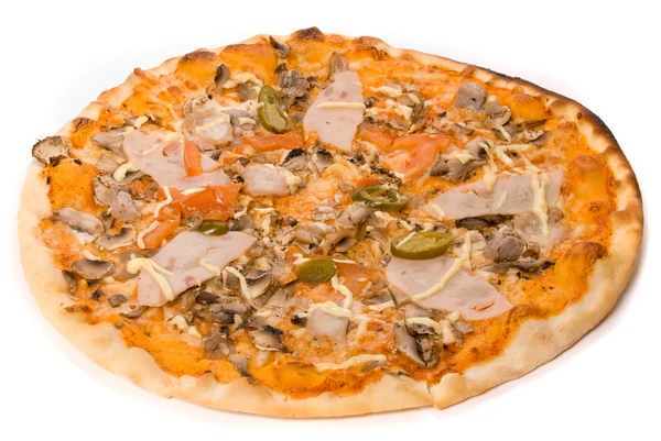 Pizza with sauce, cheese, ham, sausage, tomato, pork, mushrooms, — Stock Photo, Image