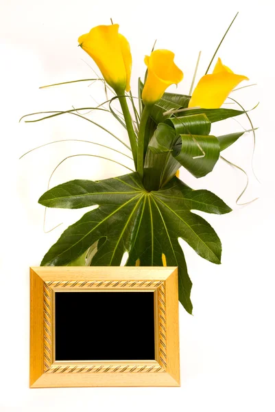 Wunderschönes Bouquet von Callas und goldenem Rahmen auf weißem Grund — Stockfoto