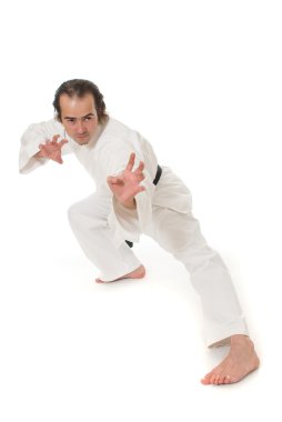 Beyaz arka planda karate dövüşçüsü