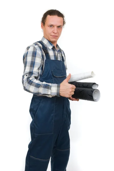 Pracownik z tapety w ręce na białym tle — Zdjęcie stockowe