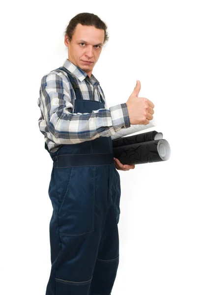 Lavoratore con sfondi in mano su sfondo bianco — Foto Stock