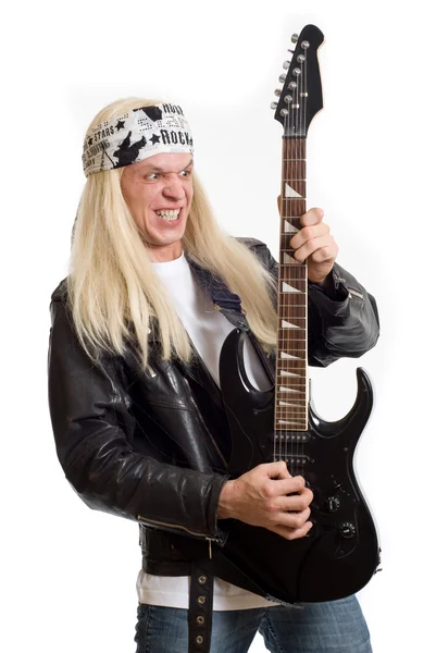 Rockstar-Gitarrist auf weißem Hintergrund — Stockfoto