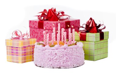 Pie with eleven candles and gifts in boxes on a white background clipart