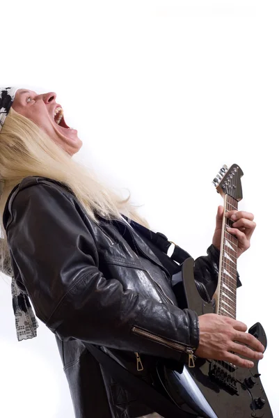 Guitarrista estrella de rock sobre fondo blanco — Foto de Stock
