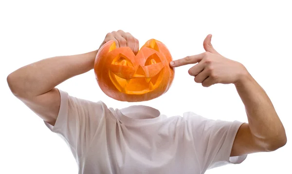 stock image Halloween man without a head with a pumpkin in the hands.