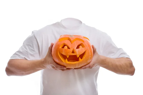 Halloween man without a head with a pumpkin in the hands. — Stock Photo, Image