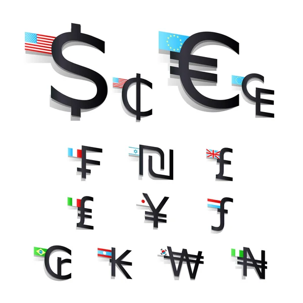 Zestaw międzynarodowej waluty symbole i flagi — Wektor stockowy