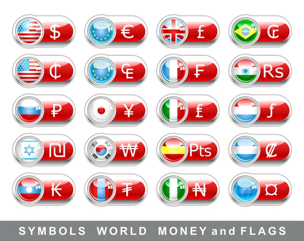 Fixer des symboles et des drapeaux monétaires internationaux — Image vectorielle