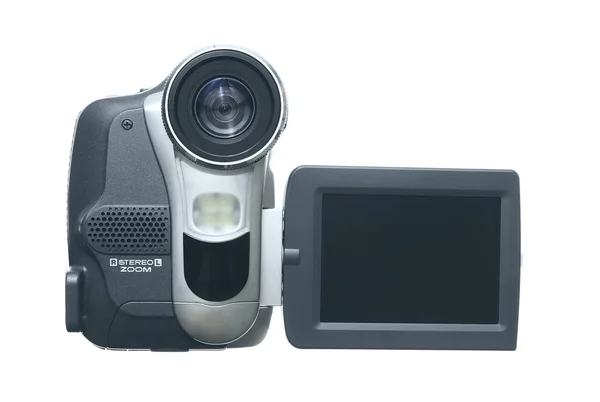 Videocamera sobre um fundo branco com a tela — Fotografia de Stock
