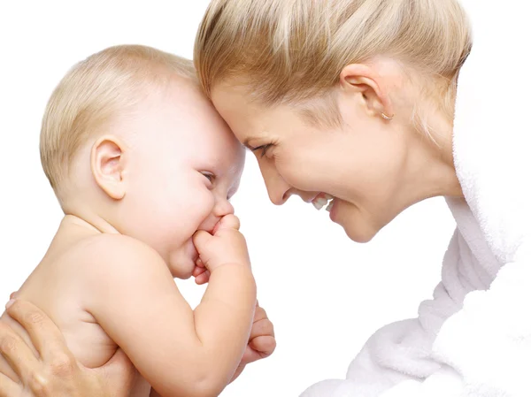Happy mother with baby boy isolated over white — Stock Photo, Image