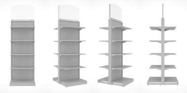 Set of shop shelves isolated on white background