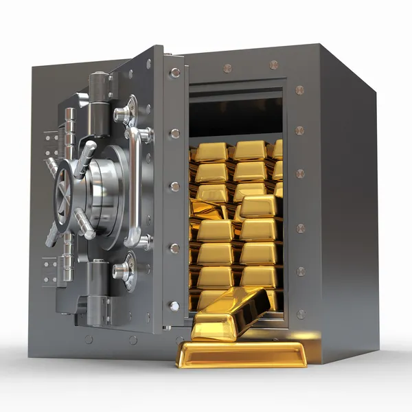 Stapel van gouden ingots in bank kluis — Stockfoto