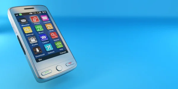 Металевий мобільний телефон на синьому фоні — стокове фото