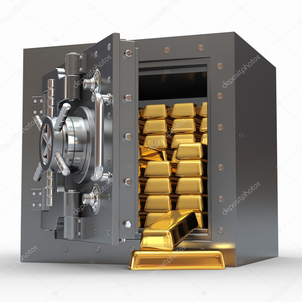 Stack of golden ingots in bank vault