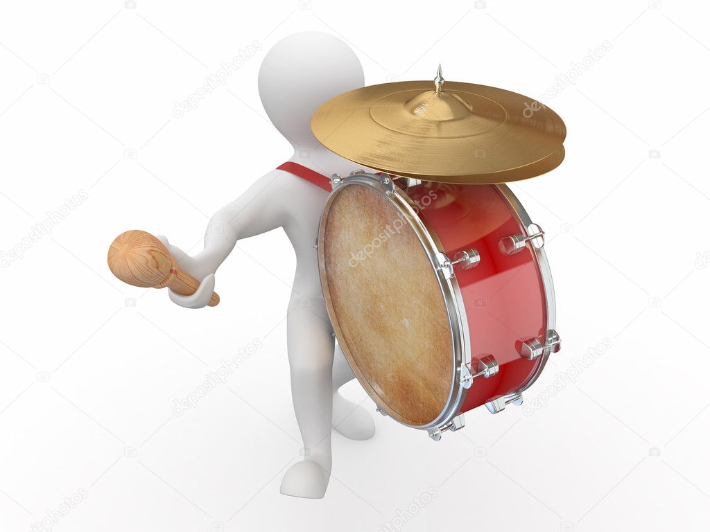 Man with drum and drumstick. 3d