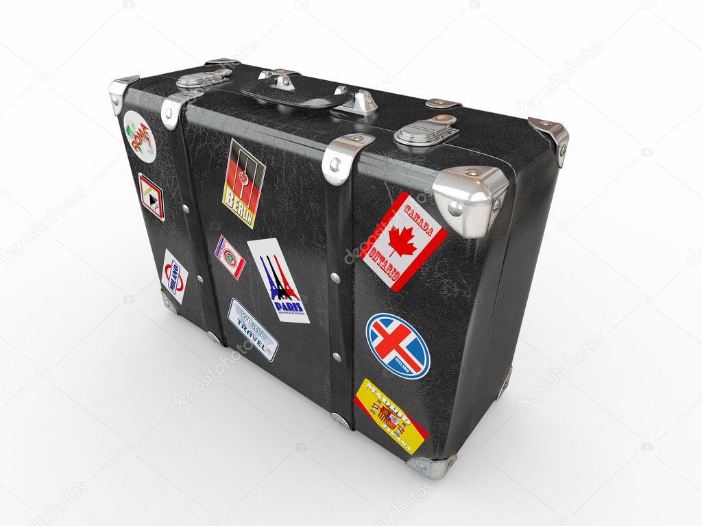 Black leather suitcase with travel stickers.